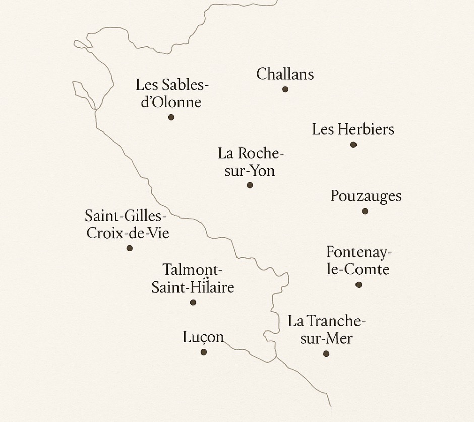 Décoratrice d'intérieur en Vendée - carte des villes couvertes Cartes des villes desservies en Vendée par Juliette, décoratrice d'intérieur à La Roche Sur Yon
