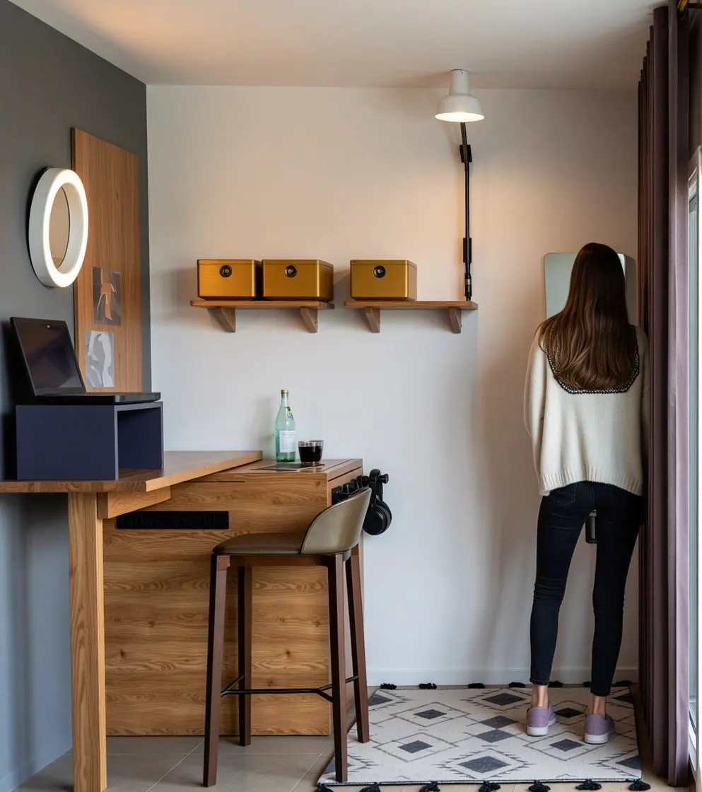 réalisation décoration intérieur professionnelle Vendée vue de profile d'un espace de 7m2 transformé en capsule multimédia pour visio, call et podcast.